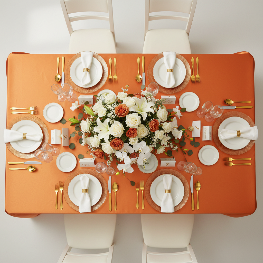 90"x156" Rectangular Satin Tablecloth - Burnt Orange | charger plate | napkin | dinner plate | flower centerpiece