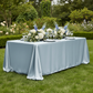 90"x156" Rectangular Satin Tablecloth - Dusty Blue | white charger and dinner plate | flower premade runner | wine goblet 