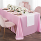 90"x156" Rectangular Satin Tablecloth - Medium Pink for indoor reception with gold charger plate | white dinner plate | pink napkin | flower premade runner