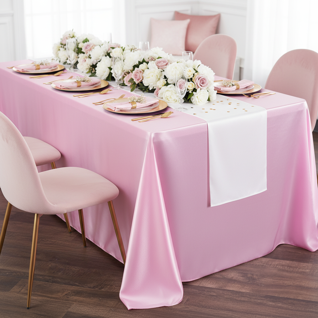 90"x156" Rectangular Satin Tablecloth - Medium Pink for indoor reception with gold charger plate | white dinner plate | pink napkin | flower premade runner