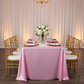 90"x156" Rectangular Satin Tablecloth - Medium Pink for indoor reception with gold charger plate | white napkin | flower centerpiece | gold chiavari chair