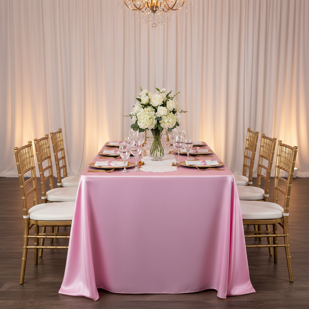 90"x156" Rectangular Satin Tablecloth - Medium Pink for indoor reception with gold charger plate | white napkin | flower centerpiece | gold chiavari chair
