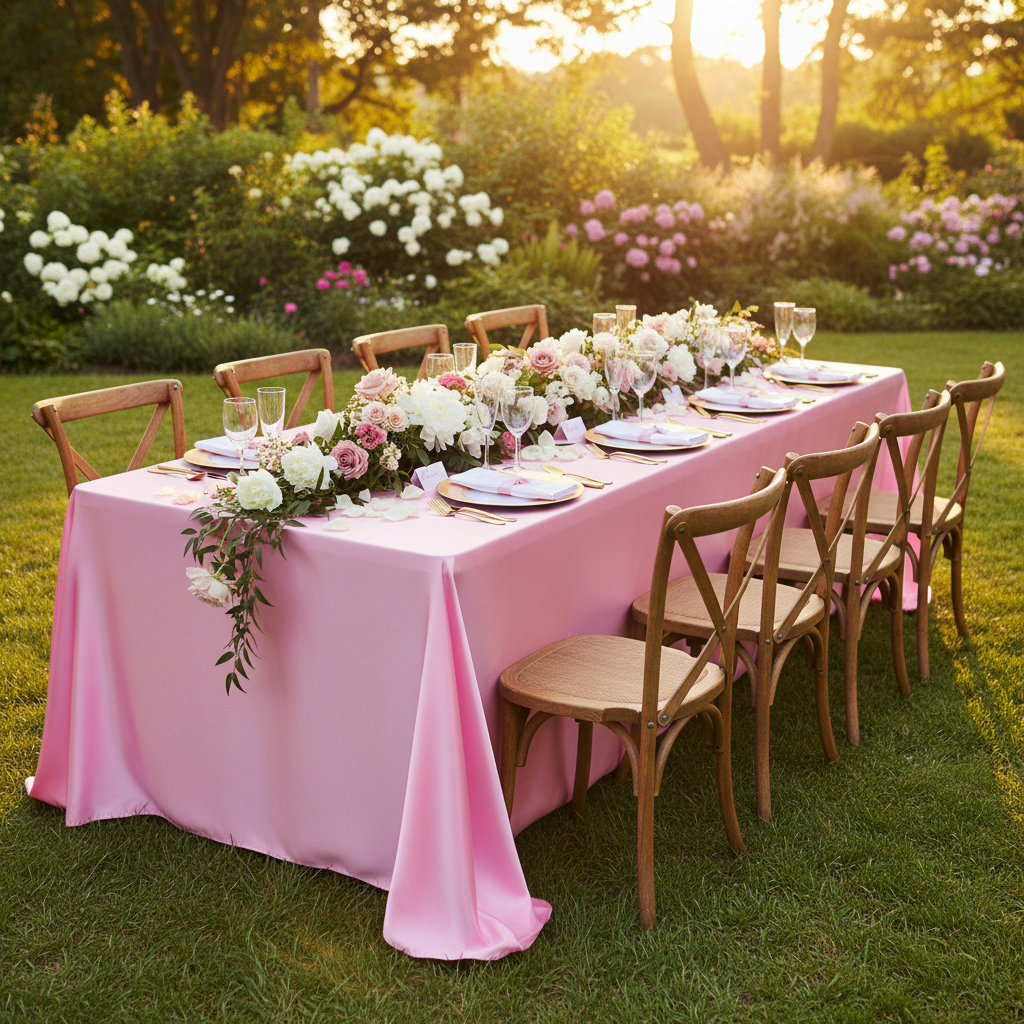90"x156" Rectangular Satin Tablecloth - Medium Pink for garden reception with gold charger plate | white dinner plate | white napkin  flower premade runner