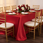 90"x156" Rectangular Satin Tablecloth - Red with gold charger plate | white dinner plate | white napkin | gold chiavari chair | 