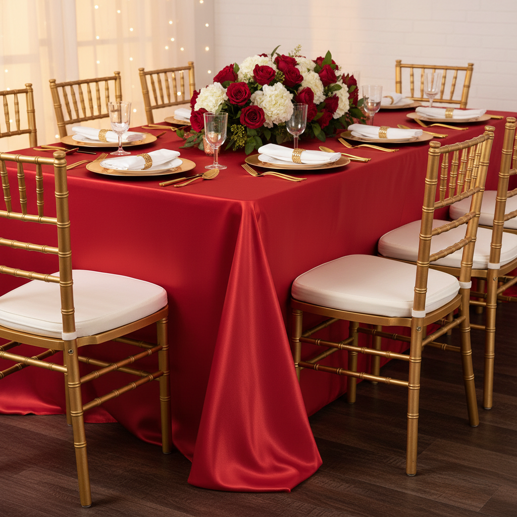 90"x156" Rectangular Satin Tablecloth - Red with gold charger plate | white dinner plate | white napkin | gold chiavari chair | 