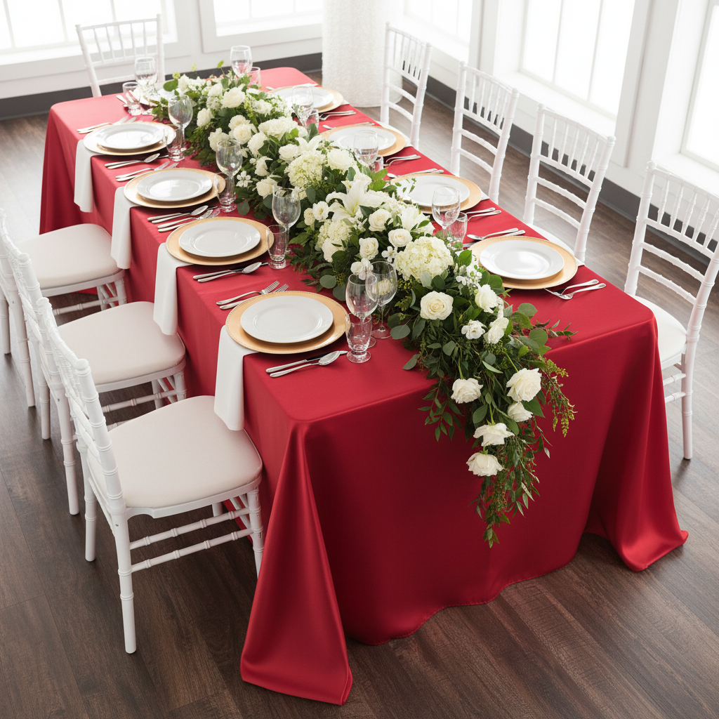 90"x156" Rectangular Satin Tablecloth - Red with gold charger plate | white dinner plate | white napkin | white chiavari chair | premade floral runner 