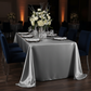 90"x156" Rectangular Satin Tablecloth - Silver with silver charger plate | white napkin | wine goblets
