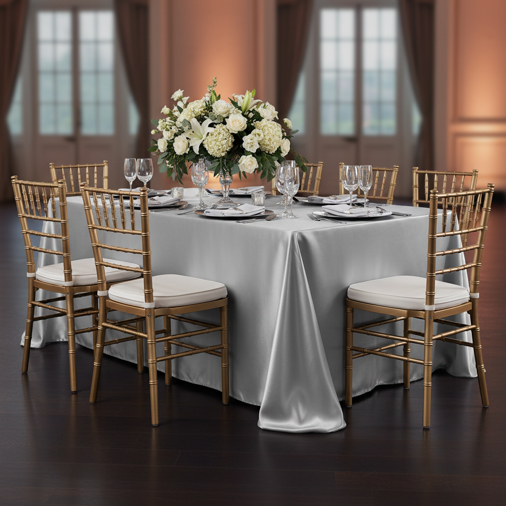 90"x156" Rectangular Satin Tablecloth - Silver with silver charger plate | white dinner plate | wine goblets | gold chiavari chairs