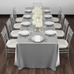 90"x156" Rectangular Satin Tablecloth - Silver with silver charger plate | white napkin | wine goblets | silver charger plate