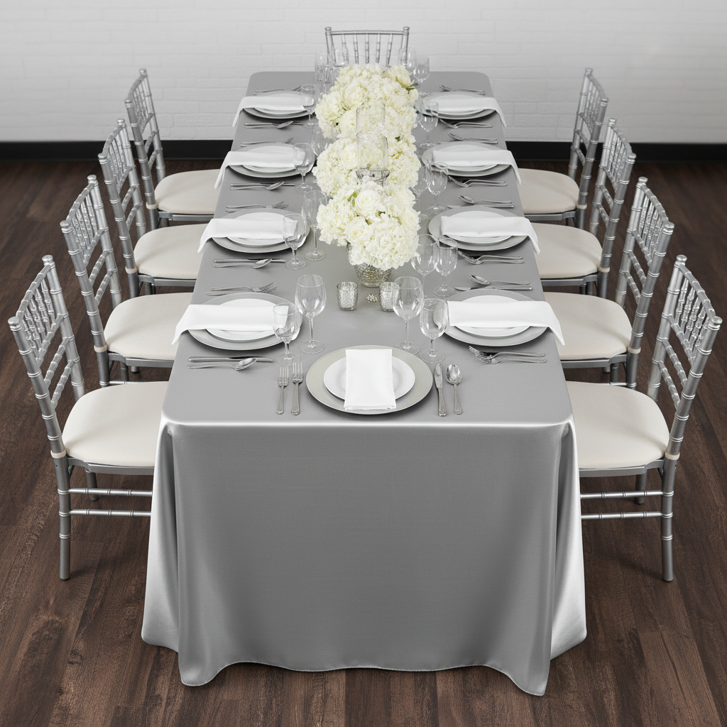 90"x156" Rectangular Satin Tablecloth - Silver with silver charger plate | white napkin | wine goblets | silver charger plate