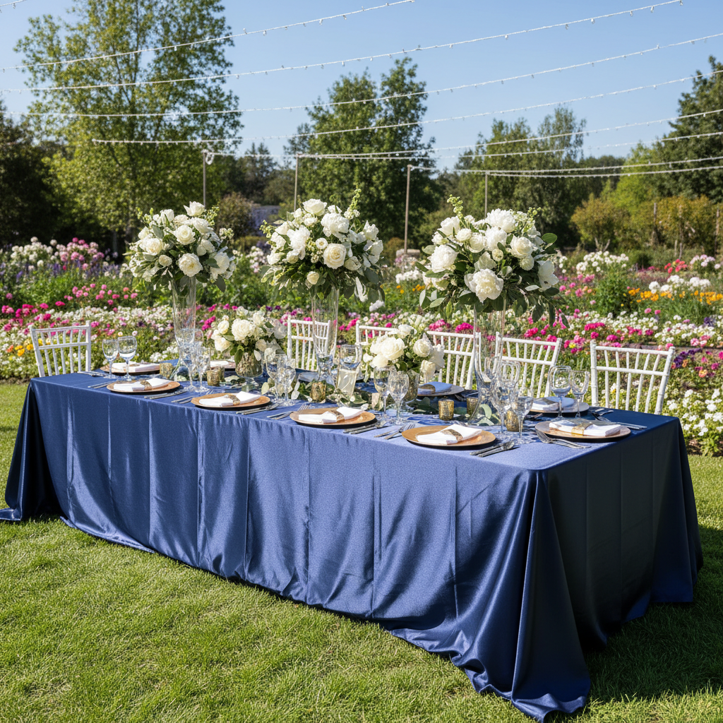 Satin 90x156 Rectangular Navy Blue Tablecloth Outdoor with White Chiavari Chair