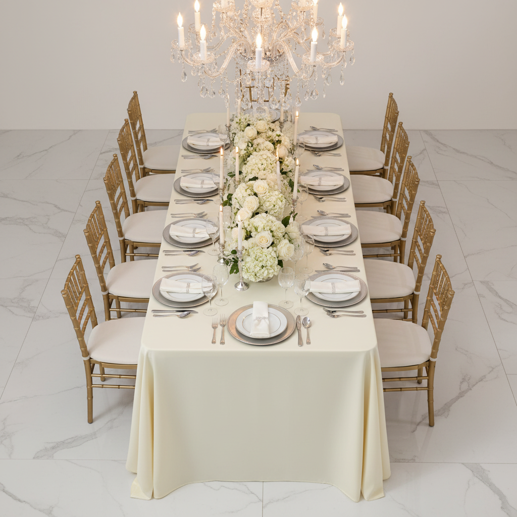 90"x156" Rectangular Oblong Premium Polyester Tablecloth - Ivory with Gold Chiavari Chairs.