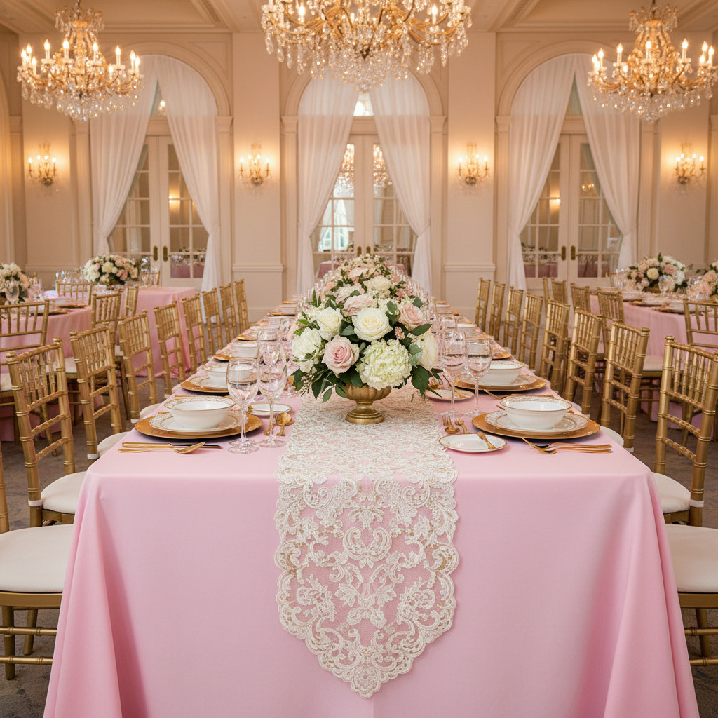 90"x156" Rectangular Oblong Premium Polyester Tablecloth - Pink with Chiavari Gold Chairs.