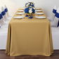 90"x156" Rectangular Oblong Premium Polyester Tablecloth - Gold for birthday reception with white spandex chair cover | royal blue chair sash | white charger and dinner  plate