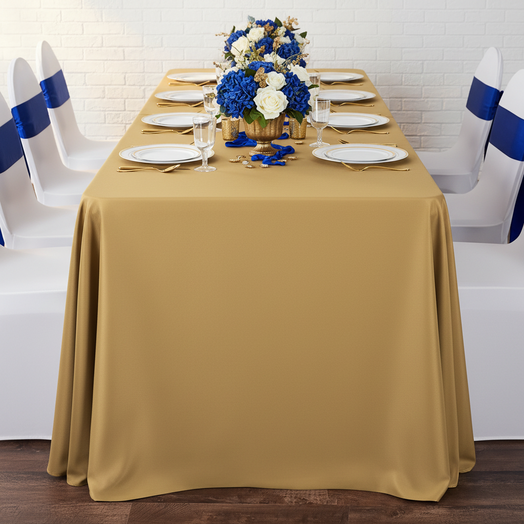 90"x156" Rectangular Oblong Premium Polyester Tablecloth - Gold for birthday reception with white spandex chair cover | royal blue chair sash | white charger and dinner  plate