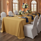 90"x156" Rectangular Oblong Premium Polyester Tablecloth - Gold with gold charger plate | royal blue napkin | white chair covers