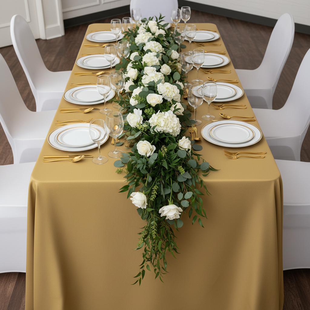 90"x156" Rectangular Oblong Premium Polyester Tablecloth - Gold for a wedding reception top view detail