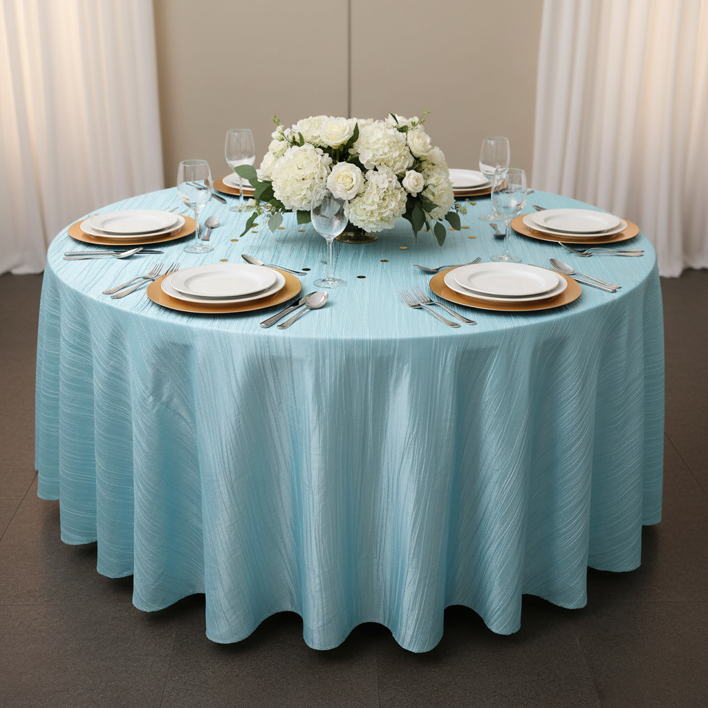 Accordion Crinkle Taffeta 120" Round Tablecloth Baby Blue - CV Linens
