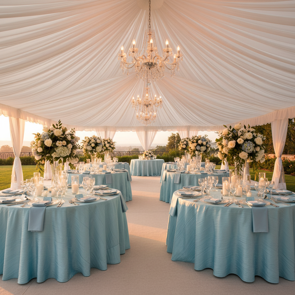 luxury outdoor tent reception with Accordion Crinkle Taffeta 120" Round Tablecloth - Baby Blue
 