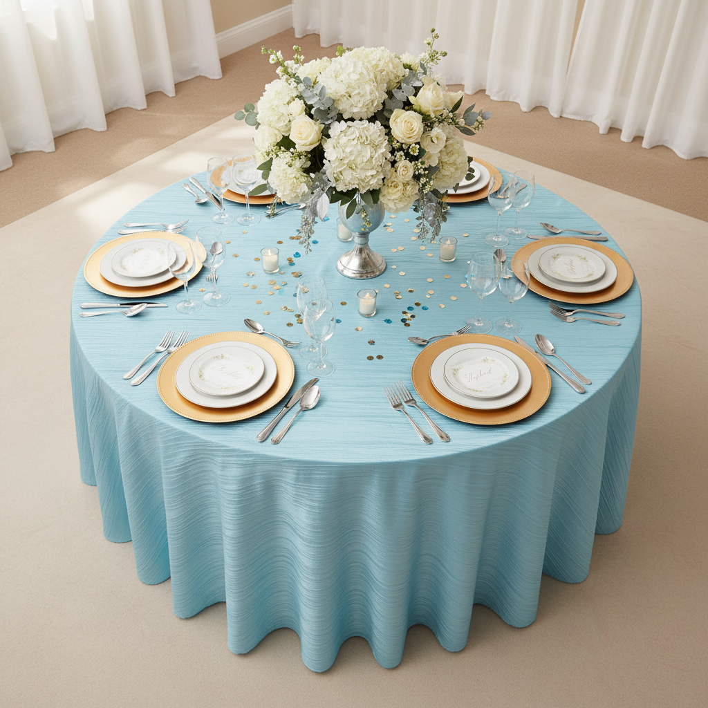 top view baby shower setting with Accordion Crinkle Taffeta 120" Round Tablecloth - Baby Blue