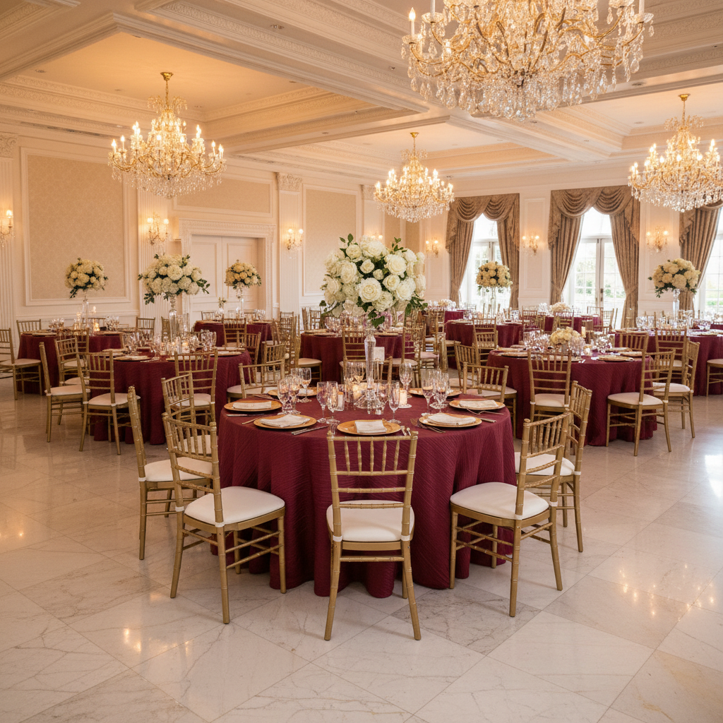 wedding reception with Accordion Crinkle Taffeta 120" Round Tablecloth - Burgundy