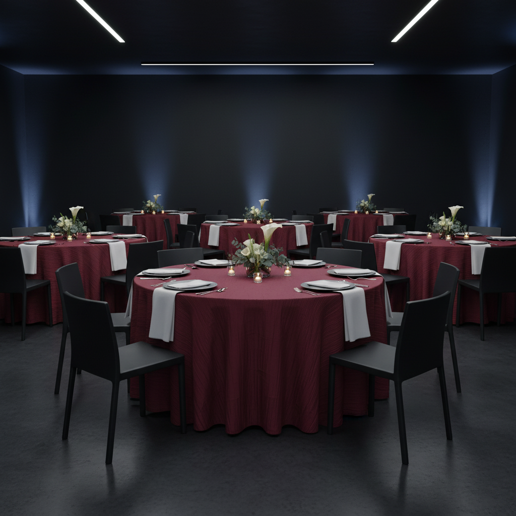minimalist corporate gala dinner with Accordion Crinkle Taffeta 120" Round Tablecloth - Burgundy