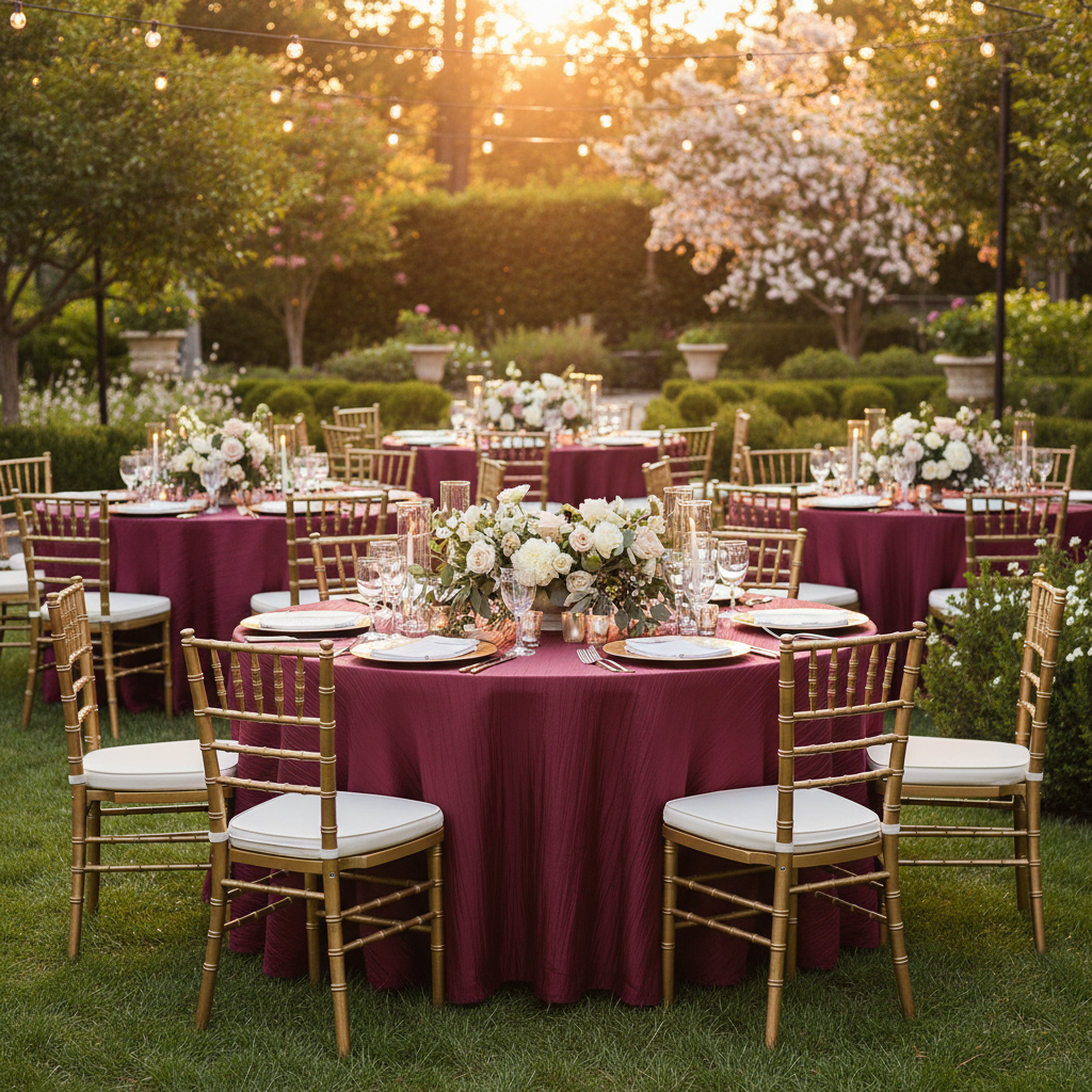 garden anniversary setup with Accordion Crinkle Taffeta 120" Round Tablecloth - Burgundy