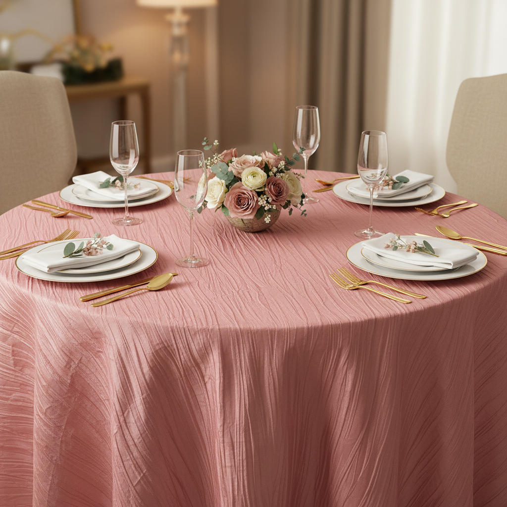 Accordion Crinkle Taffeta 120" Round Tablecloth - Dusty Rose/Mauve | dinner plate | napkin | wine goblet 