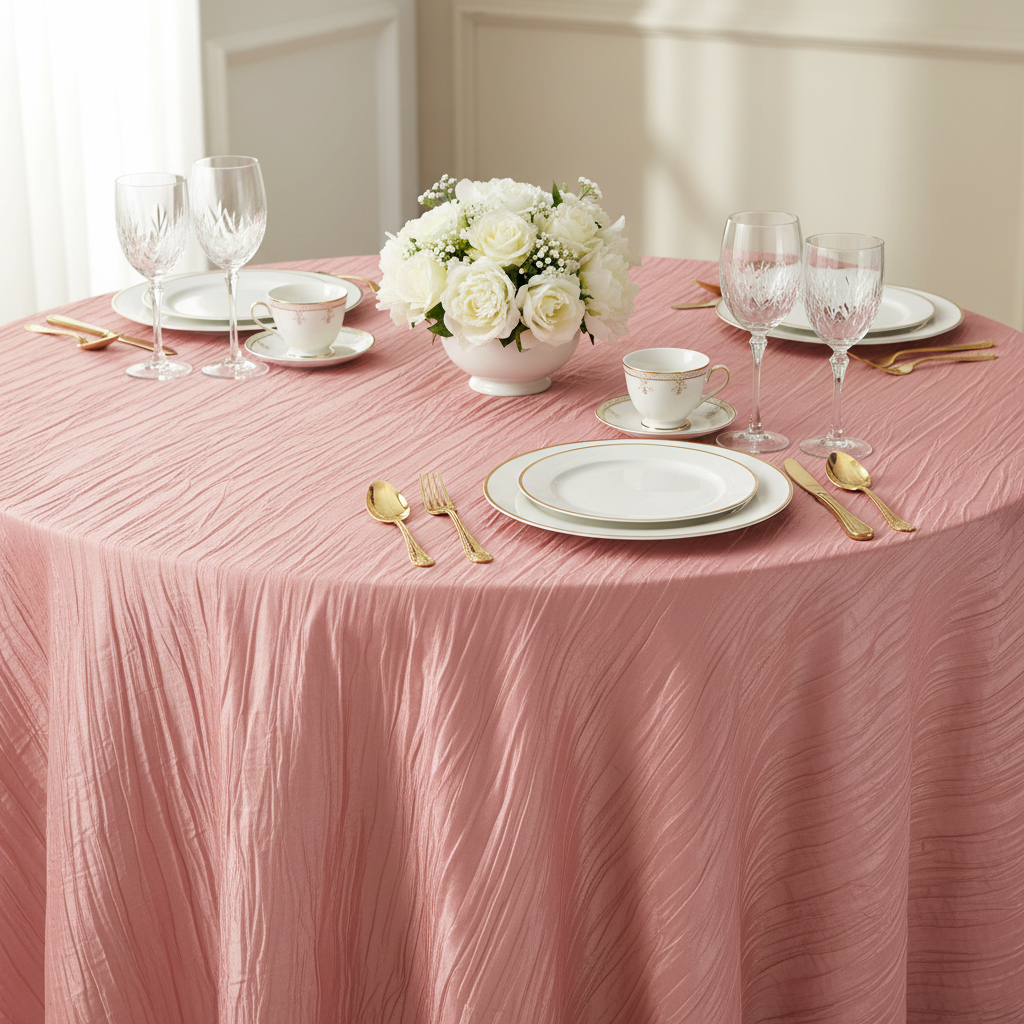 Accordion Crinkle Taffeta 120" Round Tablecloth - Dusty Rose/Mauve | dinner plate | wine goblet 
