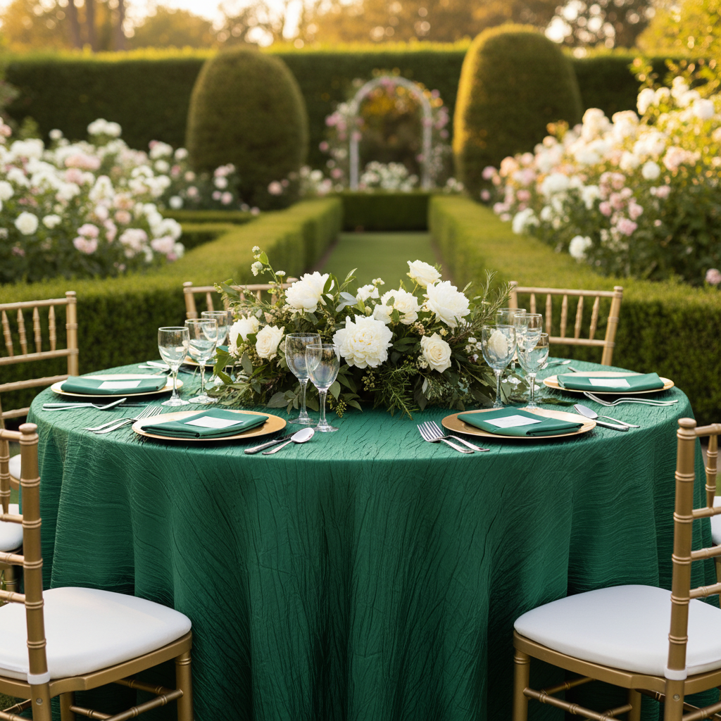 outdoor garden wedding with Accordion Crinkle Taffeta 120" Round Tablecloth - Emerald Green