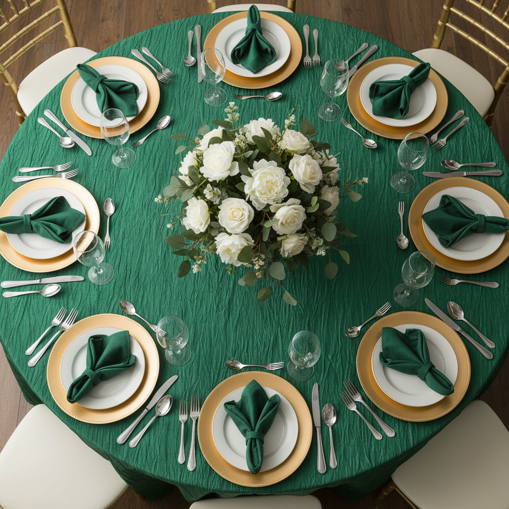 top view of Accordion Crinkle Taffeta 120" Round Tablecloth - Emerald Green