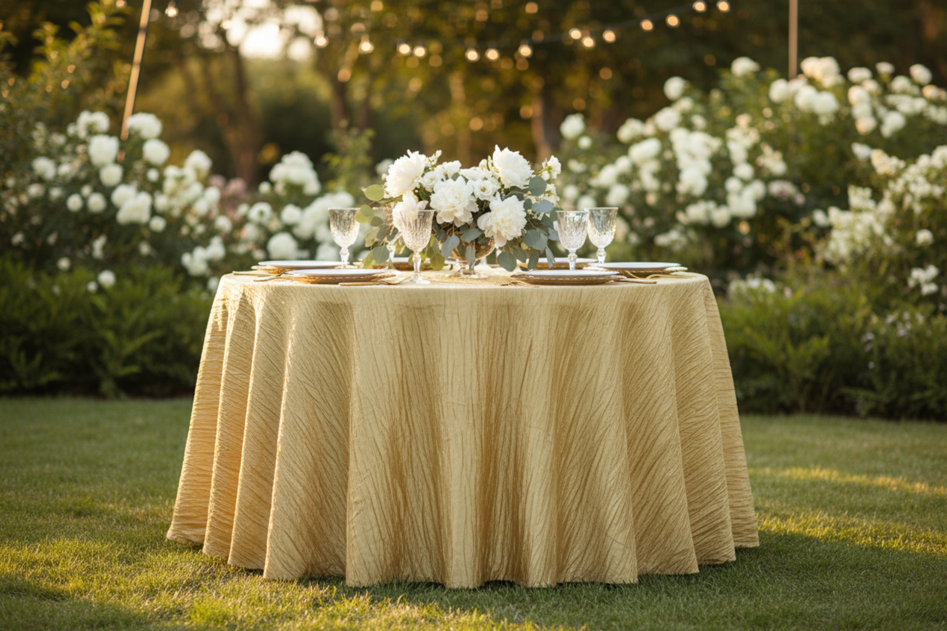 outdoor wedding reception with Accordion Crinkle Taffeta 120" Round Tablecloth - Gold