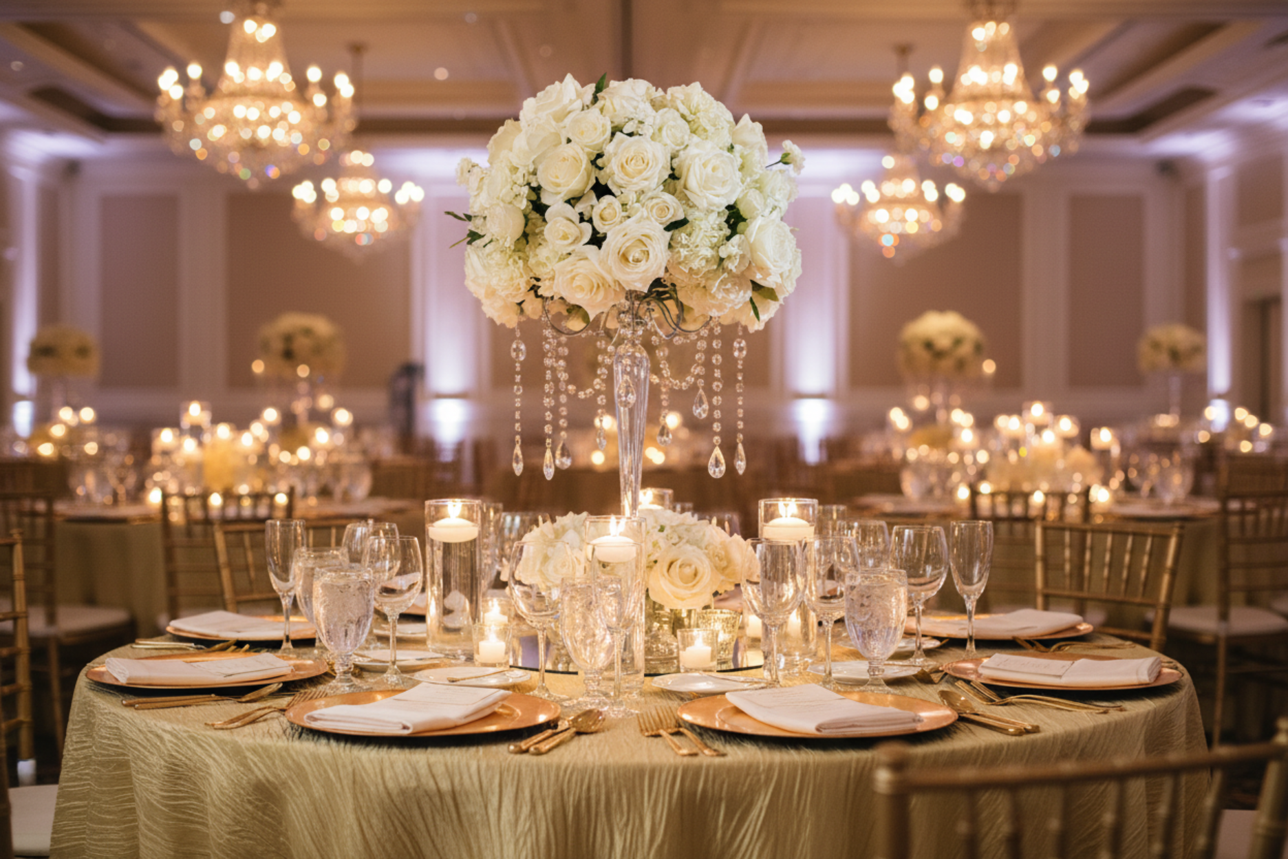 wedding reception with Accordion Crinkle Taffeta 120" Round Tablecloth - Gold