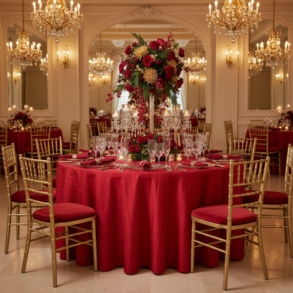 holiday gala setup with Accordion Crinkle Taffeta 120" Round Tablecloth - Red