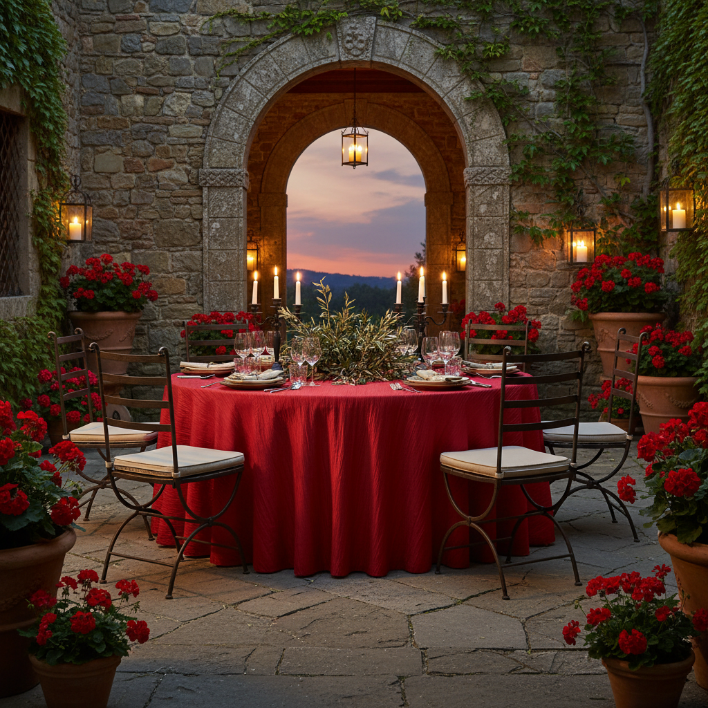courtyard dinner setup with Accordion Crinkle Taffeta 120" Round Tablecloth - Red