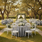 outdoor garden wedding reception with Accordion Crinkle Taffeta 120" Round Tablecloth - Silver