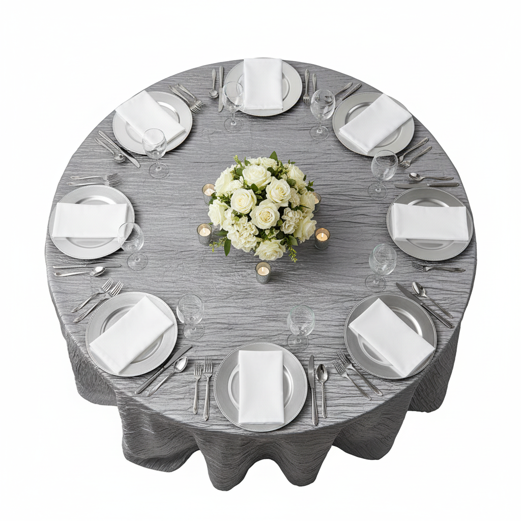 top view wedding reception with Accordion Crinkle Taffeta 120" Round Tablecloth - Silver