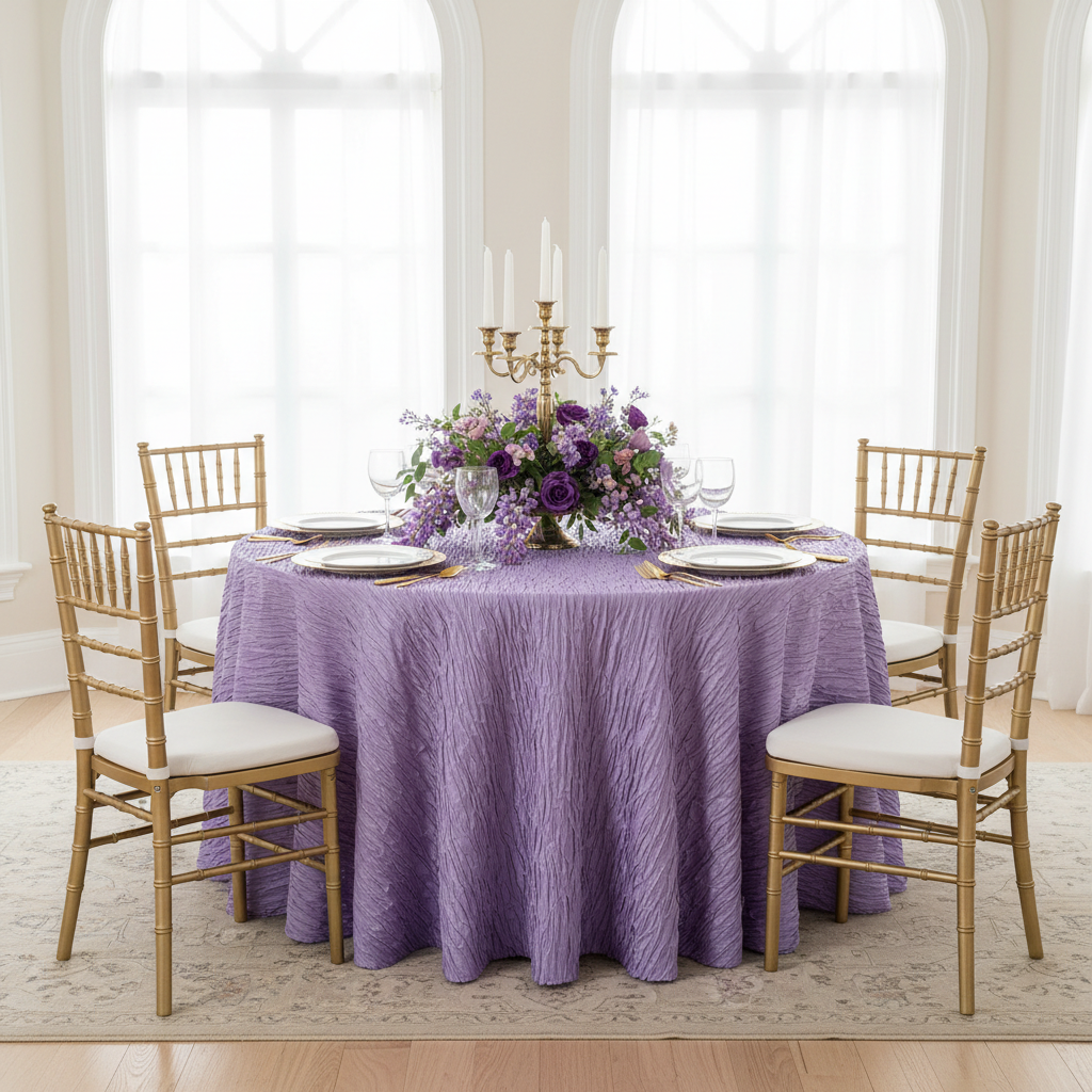 indoor table setting with Accordion Crinkle Taffeta 120" Round Tablecloth - Victorian Lilac/Wisteria