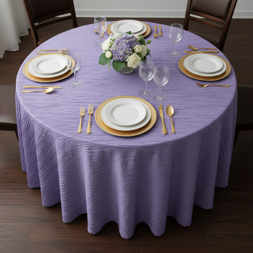 dinner table setup Accordion Crinkle Taffeta 120" Round Tablecloth - Victorian Lilac/Wisteria 