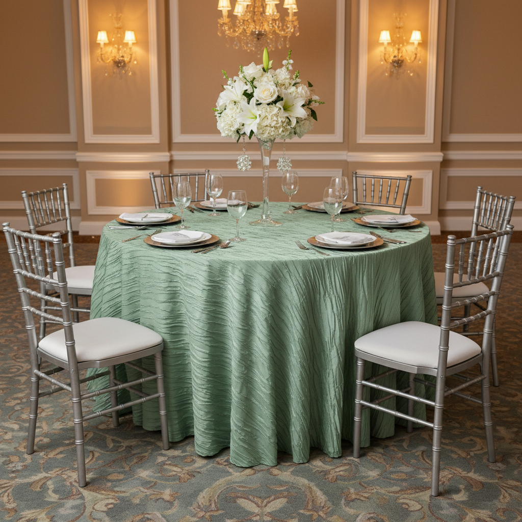 prom setup using Accordion Crinkle Taffeta 120" Round Tablecloth - Willow Green with silver chiavari chairs