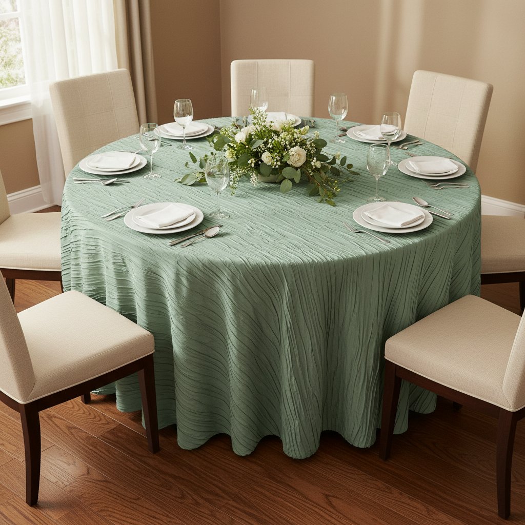 elegant dinner setup Accordion Crinkle Taffeta 120" Round Tablecloth - Willow Green with white charger plate