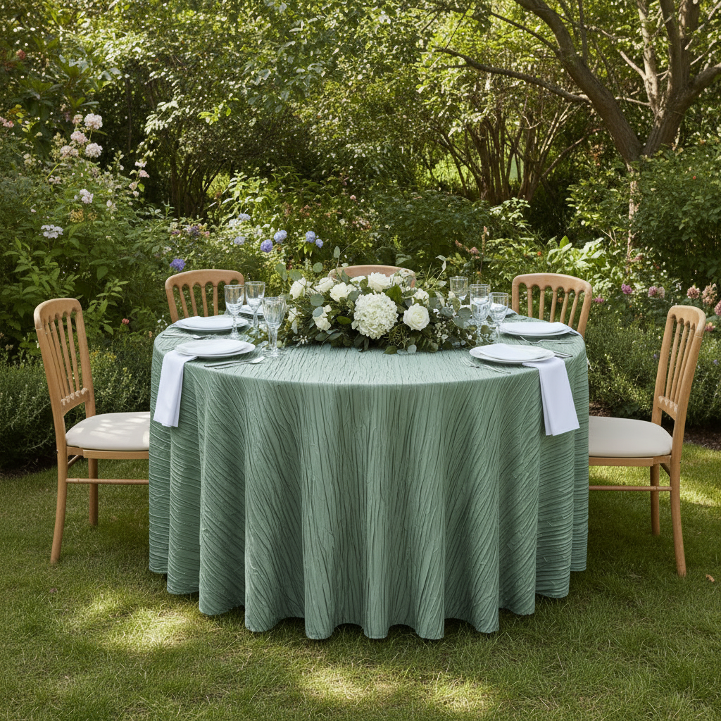 garden setup showing Accordion Crinkle Taffeta 120" Round Tablecloth - Willow Green with white napkin and charger plate