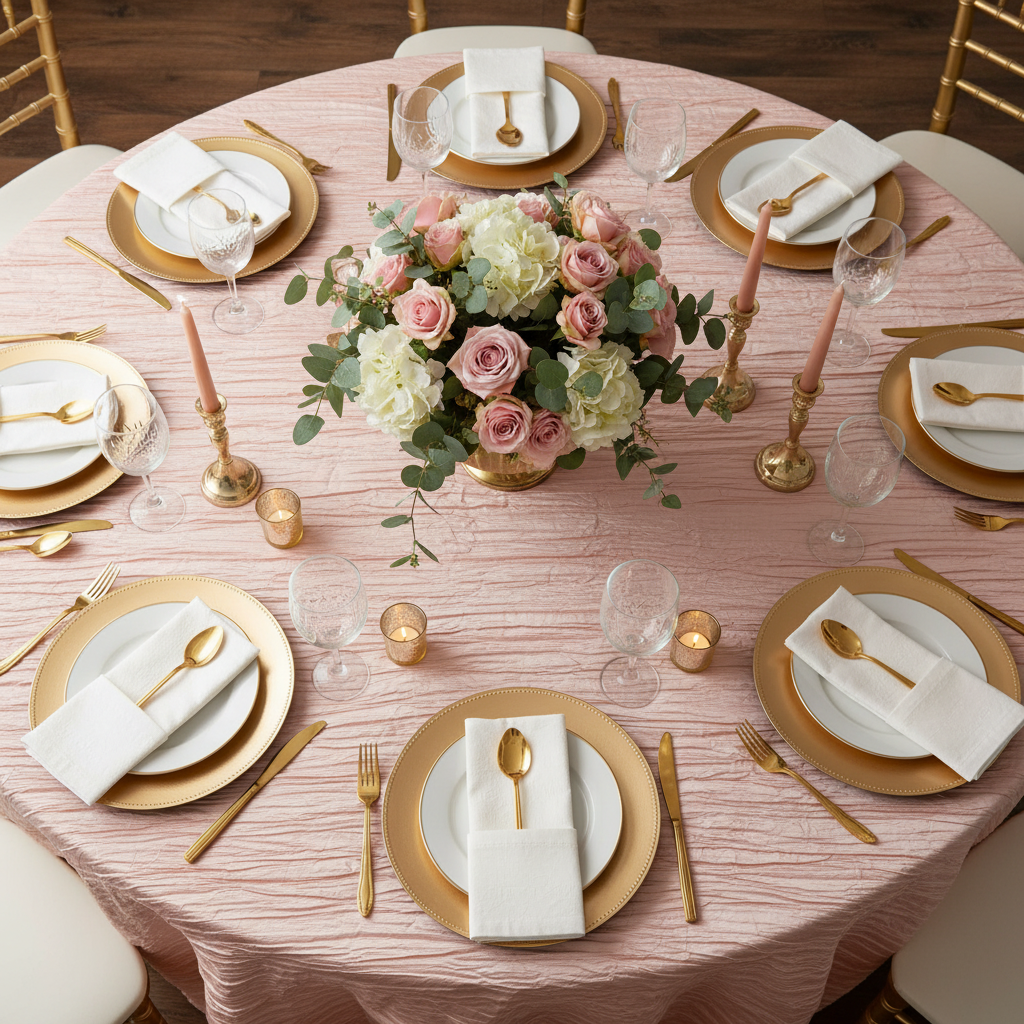 Accordion Crinkle Taffeta 132" Round Tablecloth - Blush/Rose Gold | charger plate | napkin | wine goblets | 