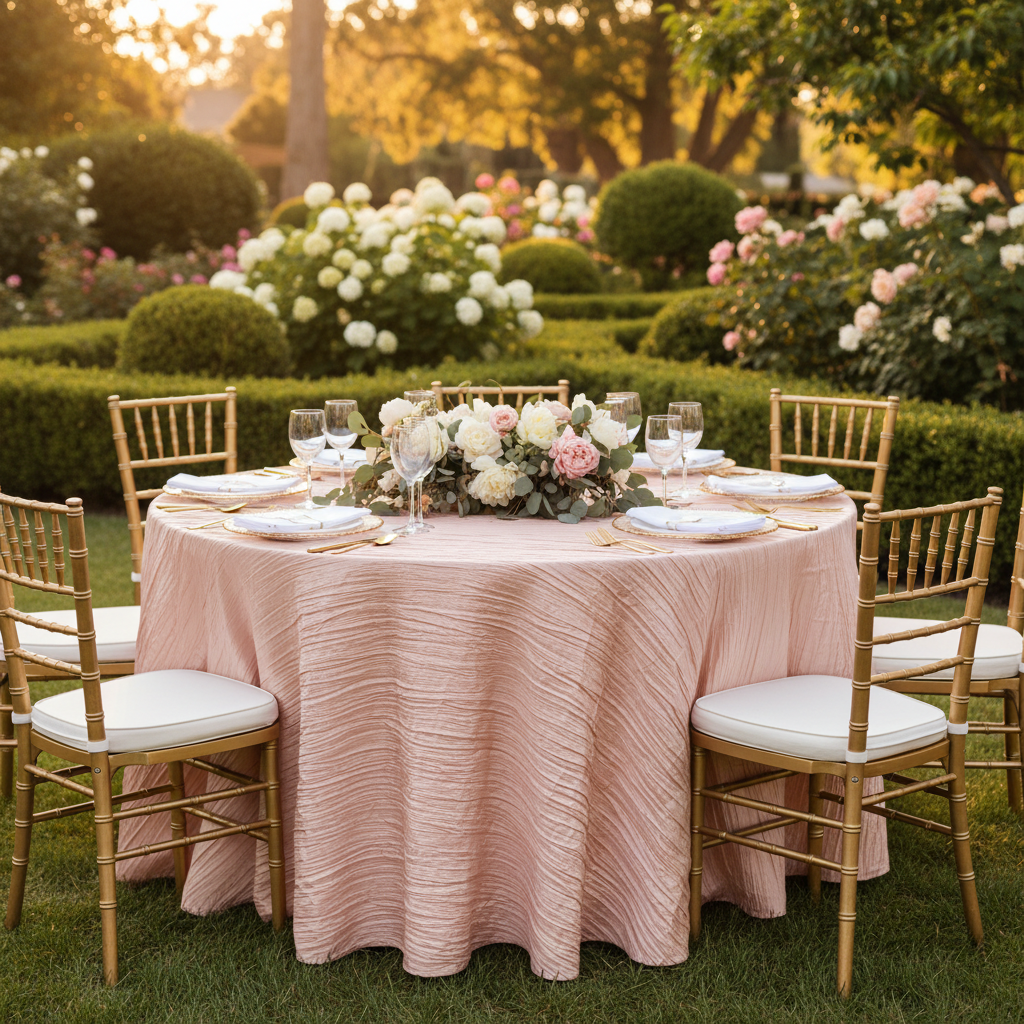 Accordion Crinkle Taffeta 132" Round Tablecloth - Blush/Rose Gold | charger plate | napkin | wine goblets | flower premade runner |