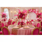 quinceañera setup with Accordion Crinkle Taffeta 132" Round Tablecloth - Pink