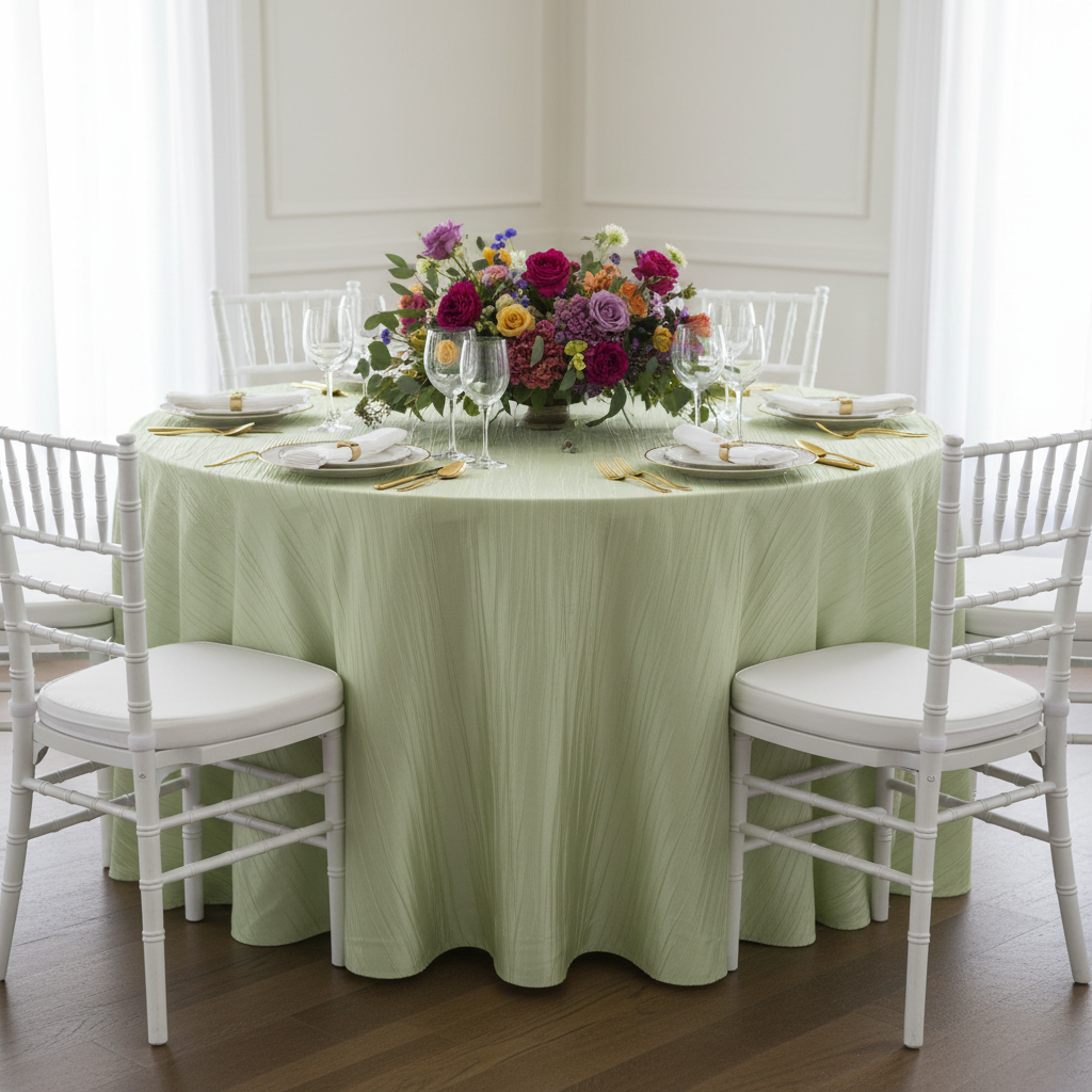 Accordion Crinkle Taffeta 132" Round Tablecloth - Sage Green | charger plate | napkin | wine goblets | centerpiece |
