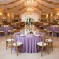 wedding reception with Accordion Crinkle Taffeta 132" Round Tablecloth - Victorian Lilac/Wisteria