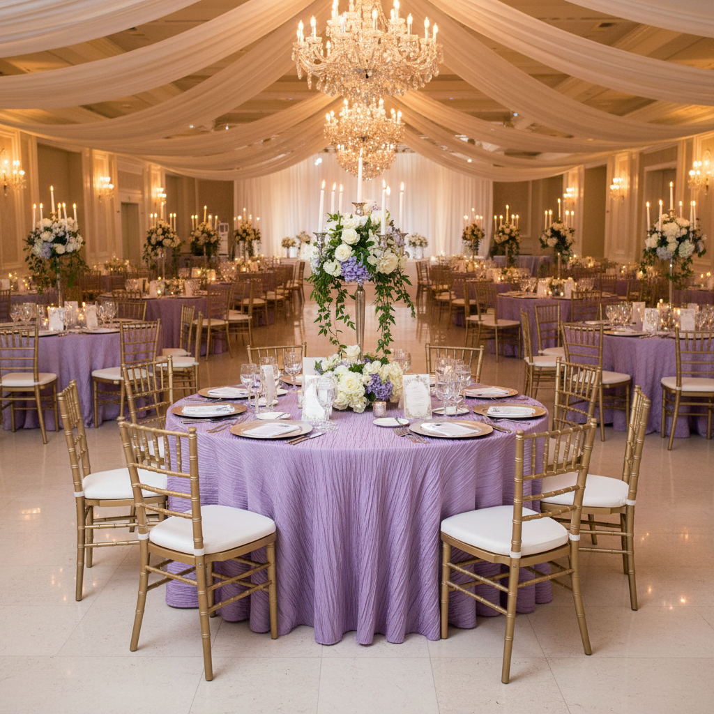wedding reception with Accordion Crinkle Taffeta 132" Round Tablecloth - Victorian Lilac/Wisteria