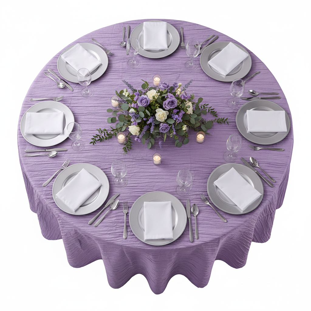 top view wedding reception with Accordion Crinkle Taffeta 132" Round Tablecloth - Victorian Lilac/Wisteria