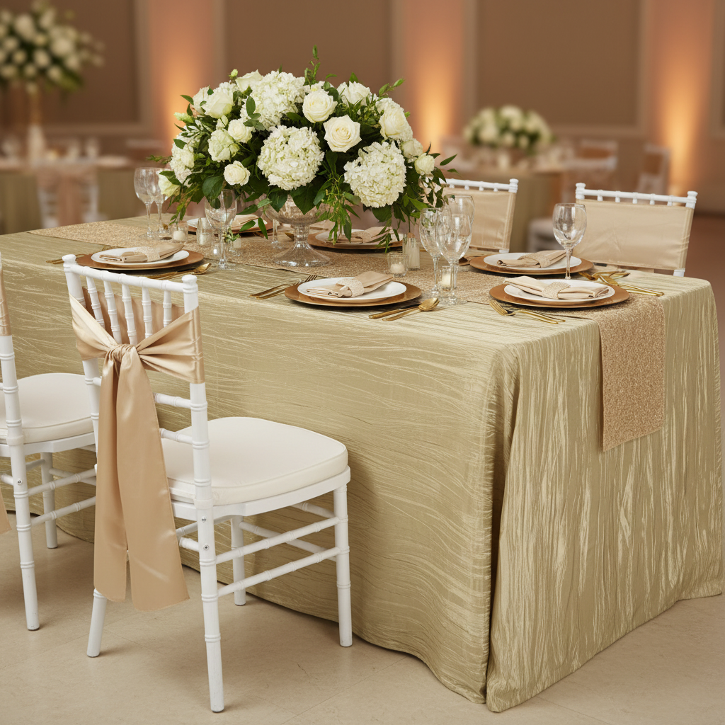 wedding reception setup using Accordion Crinkle Taffeta - 90"x132" Rectangular Tablecloth - Champagne with gold charger plate and champagne chair sash tie